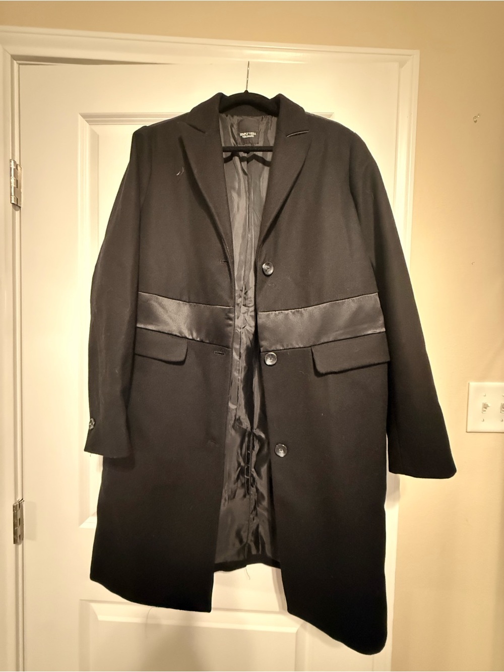 Women Black Classic Overcoat - Satin Waist Detail